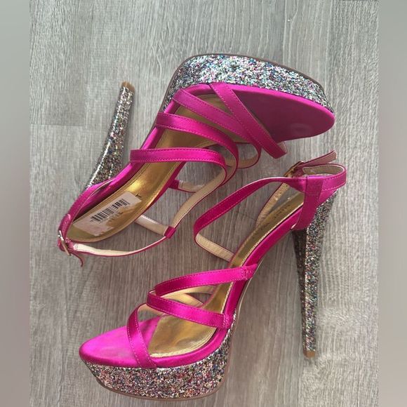 Nine West Pink satin strappy glitter platform heel size 8 - Picture 1 of 6